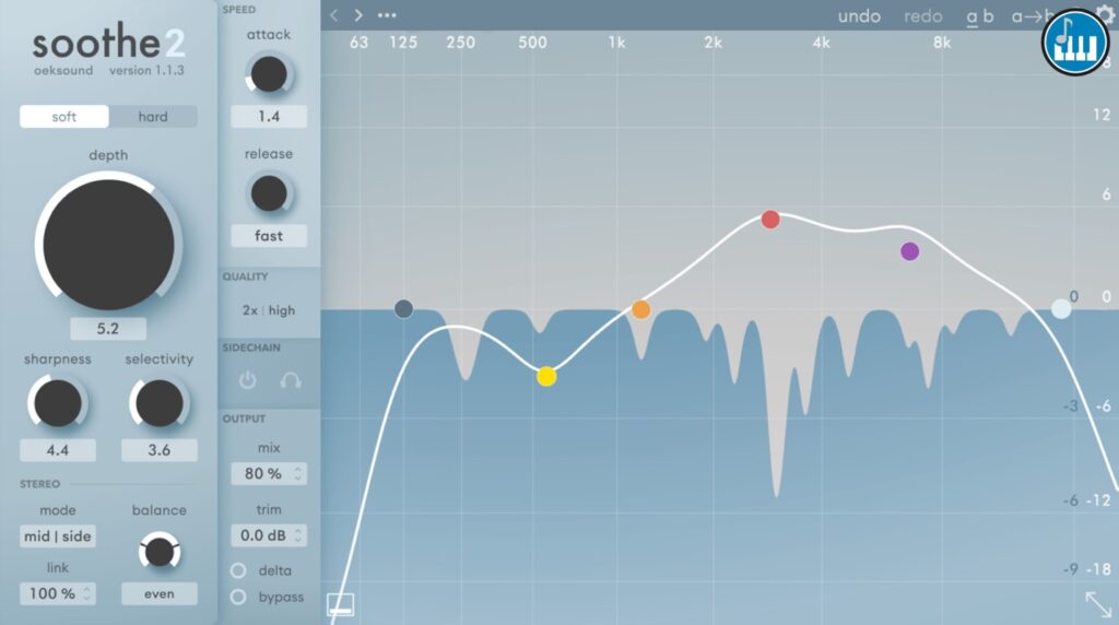 Oeksound soothe2 interface, a powerful dynamic resonance suppressor, excellent plugin for vocals.